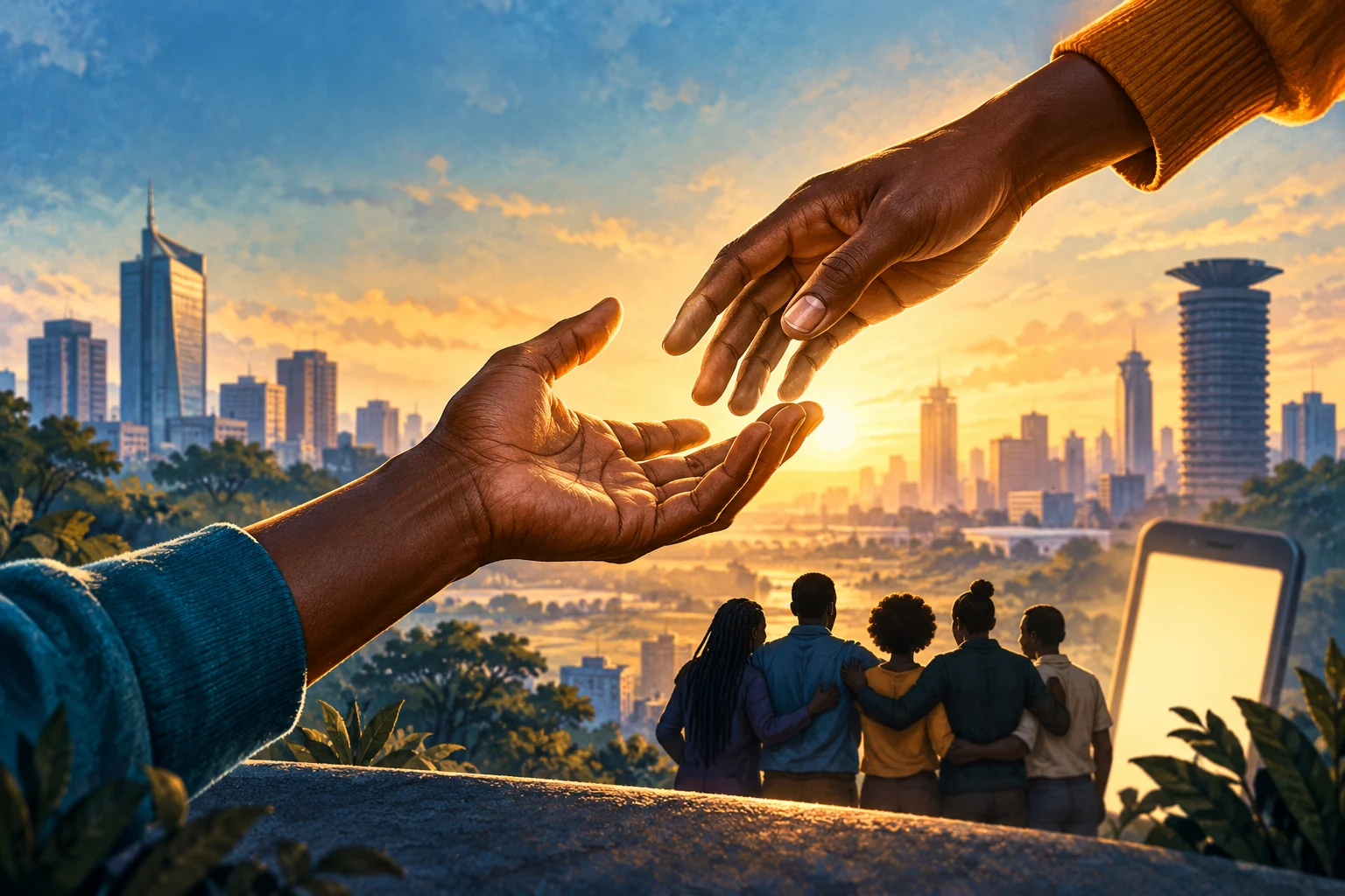 AI conceptual illustration of supportive hands and community solidarity