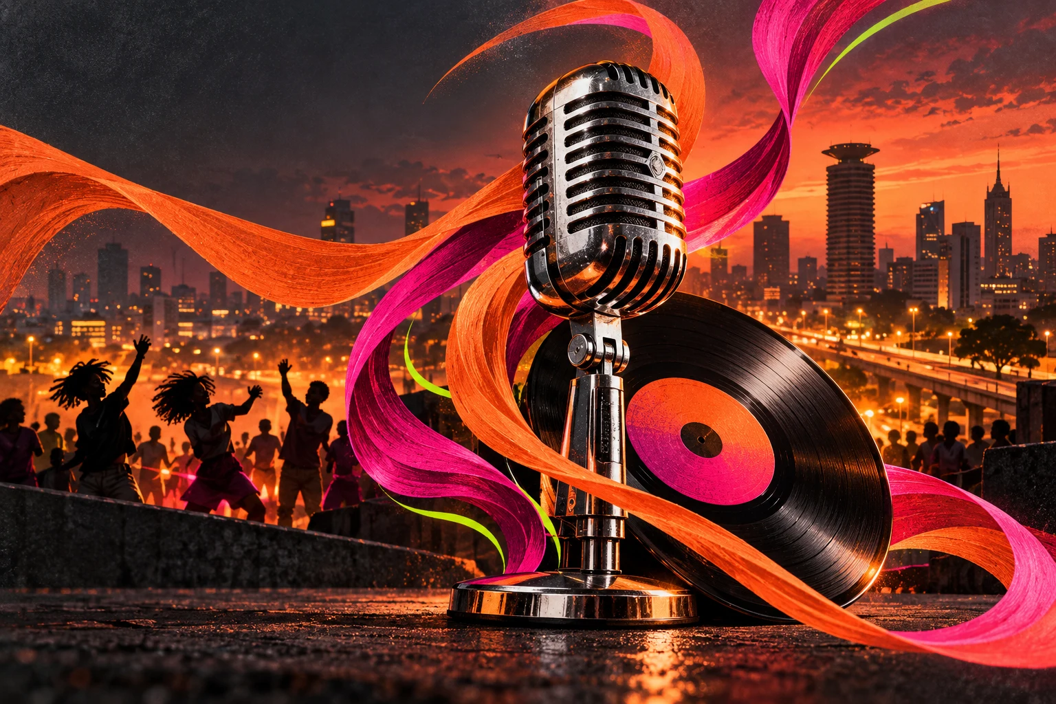 AI editorial illustration of a microphone, vinyl and Nairobi nightlife